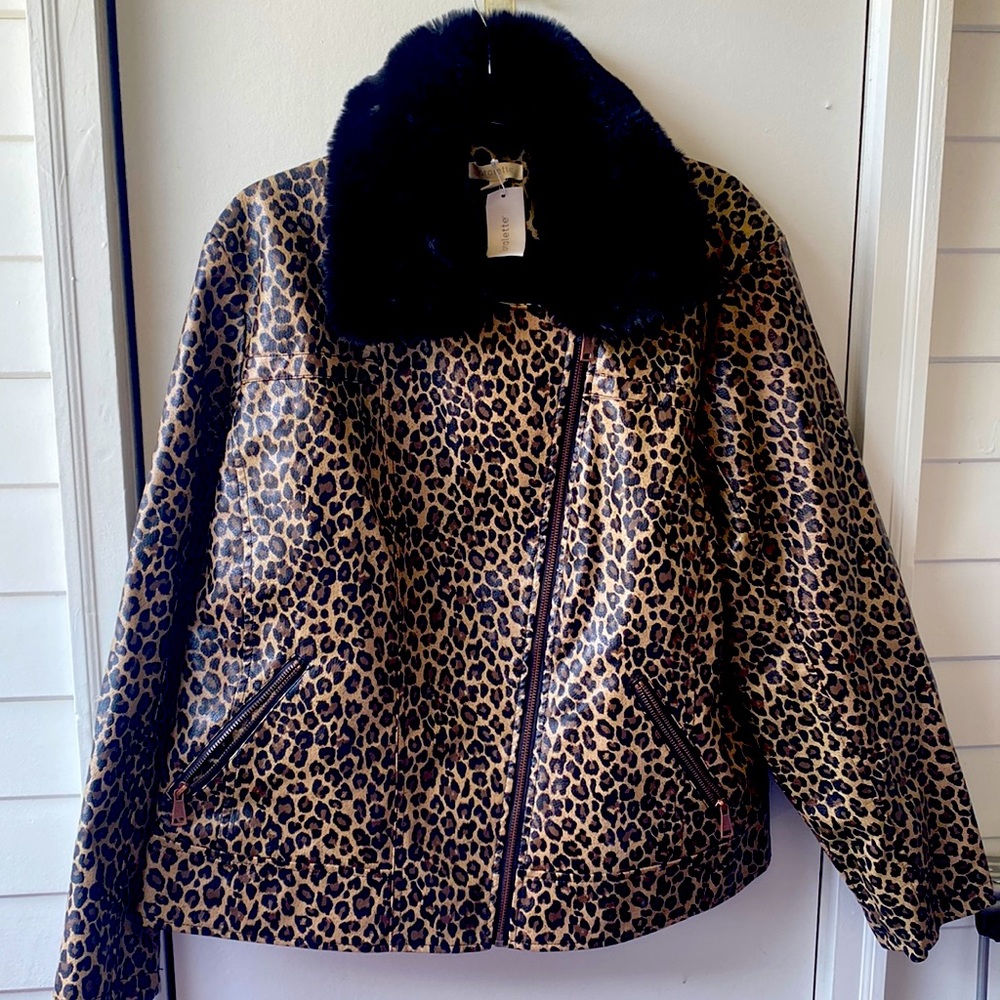 Loralette faux leather and fur collar leopard print jacket